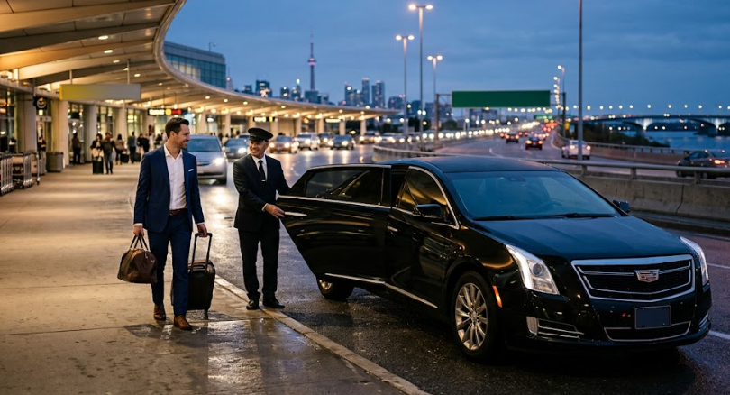 Flat-rate luxury executive black car limo parked near Toronto Pearson Airport YYZ for cross-border transfers by Planet Limos.